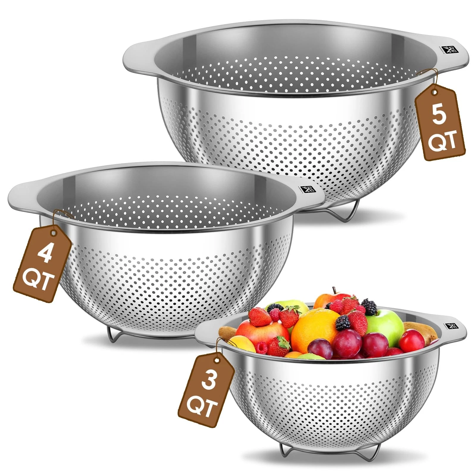 3Pcs Stainless Steel Colander Set for Kitchen - 3QT/4QT/5QT, Multi-Size Strai...