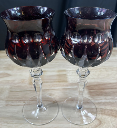 2 Amethyst Purple Crystal Cut To Clear Bohemian Style 8.5" Goblets Nachtmann - Picture 1 of 8