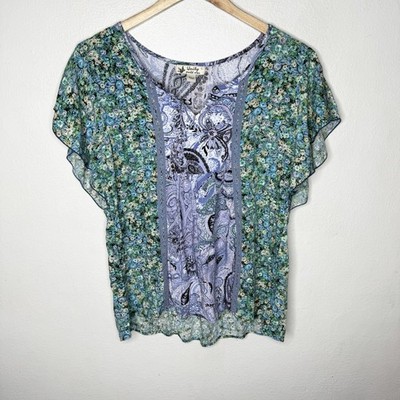 Unity World Wear Blue Green Floral Paisley Blouse Top Rayon Women s Large