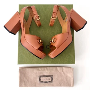 GUCCI Sandales enveloppantes femme Horsebit marron camel plateforme talon haut bride cheville 9,5