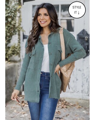 NEW Pink Lily Size L Large Olive Brushed Ribbed Super Soft Shacket Jacket Coat