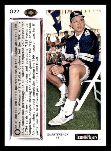1992 Upper Deck Gold #G22 Troy Aikman - Picture 2 of 2