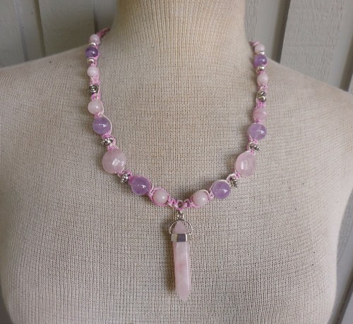 Rose Quartz Crystal Double Point Adjustable Hemp Necklace Jewelry Amethyst Beads - Picture 1 of 6