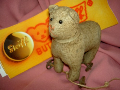 Antique c1905 STEIFF BUTTON-in-EAR straw stuffed cat kitten on cast iron wheels - Picture 13 of 24