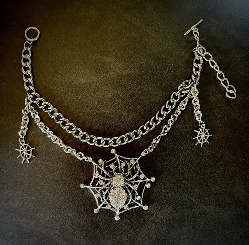 VTG Shimmering Spider On The Web Necklace Choker Halloween
