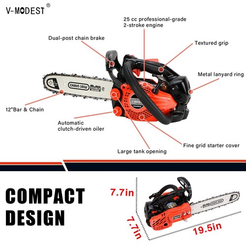 V-MODEST 2511 12" Gas Chainsaw 25cc 1.5HP 2-Cycle Engine Top Handle Climbing Saw - Picture 2 of 14