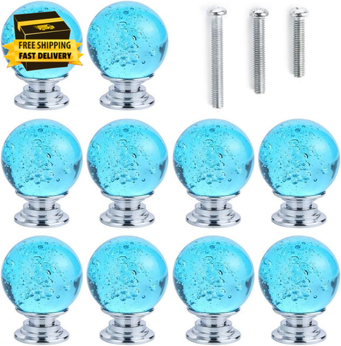 10 PCS Crystal Cabinet Knobs Azure Blue round Glass Bubbles Knobs Smooth Drawer - Picture 4 of 9