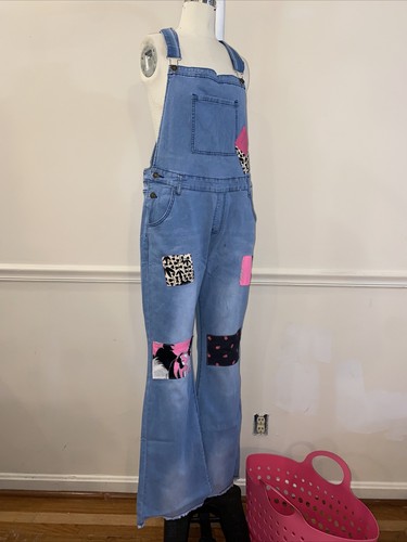 Overalls Light Stretchy Denim Size XL FLoral Pink Black Patches Bell Leg Faded - Picture 4 of 11