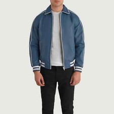 Men's Real Blue Lambskin Premium Leather Varsity Style Motorcycle Fashion Jacket