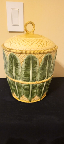 222 FIFTH YELLOW AND GREEN LEAVES  8" Canister / Cookie Jar Ceramic - Picture 1 of 7