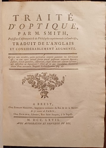 Robert SMITH, Traité d'Optique (Brest, Malassis, & Paris, Durand, 1767). - Picture 2 of 24