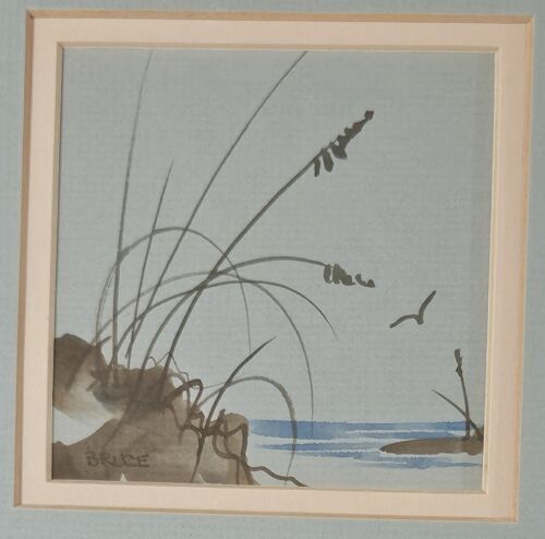 Small Watercolor Painting Seascape Seagrass Wood Frame Signed 8x8 - Picture 2 of 4