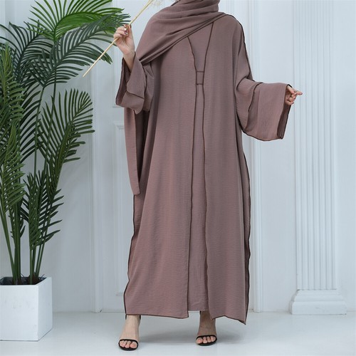 Maxi abito lungo musulmano kaftano aperto donna Dubai tinta unita maxi vestaglia cardigan kimono - Foto 24 di 60