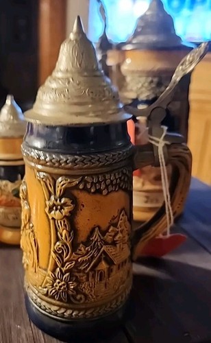 Vintage DBGM Small Stein 6 ½” w/hinged Pewter Lid Cobalt Blue / W. Germany - Picture 1 of 12