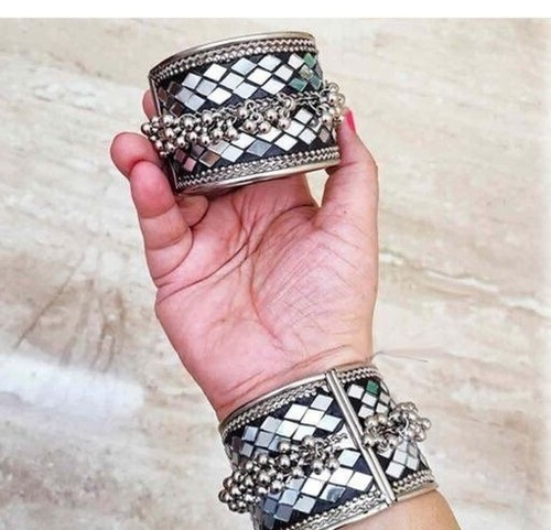Pulsera Espejo Ghungroo Abreble Plata Alemana Oxidada Tendencia Joyería (2PCS) - Imagen 2 de 3