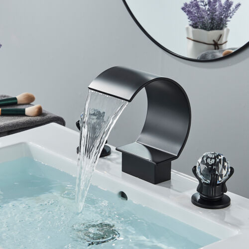 Widespread Bathroom Sink Faucet 3 hole 2-Handle Waterfall Lavatory Vanity Mixer - Picture 3 of 48
