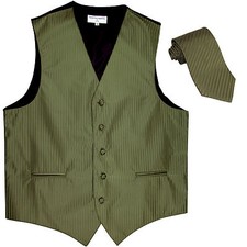 New Men's formal Vertical stripes tuxedo Vest Waistcoat necktie Olive Green prom