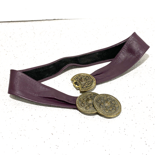 Vintage Duette Style Belt Buckle Antiqued Gold Medallions Purple Leather Strap - Picture 4 of 8