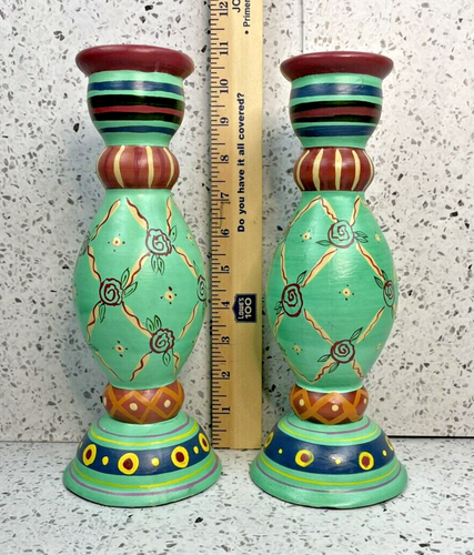 Candelabros de cerámica pintados a mano (2) flores geométricas verde arte mundial - Imagen 7 de 7