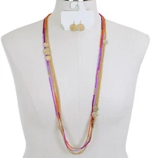 KOHL'S "COLOR" GOLD Tone CHAINS & Multi-Color BEADS Long NECKLACE & EARRINGS SET