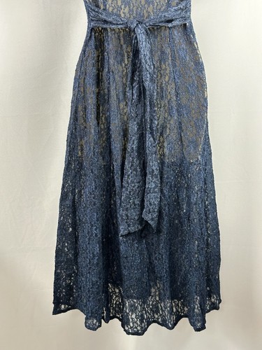 Vintage 90s Arianna Lace Dress Tie Back Midi Romantic Whimsigoth Navy Size 7 - Picture 18 of 24