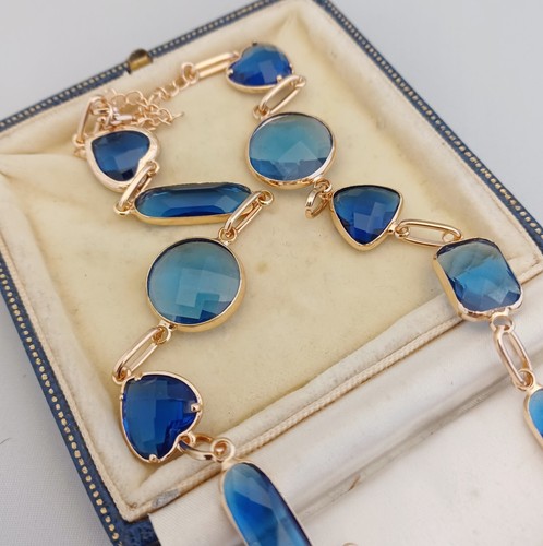Vintage Art Deco Style - Glass Bezel Set - Royal Blue Necklace - 20" - Picture 4 of 4