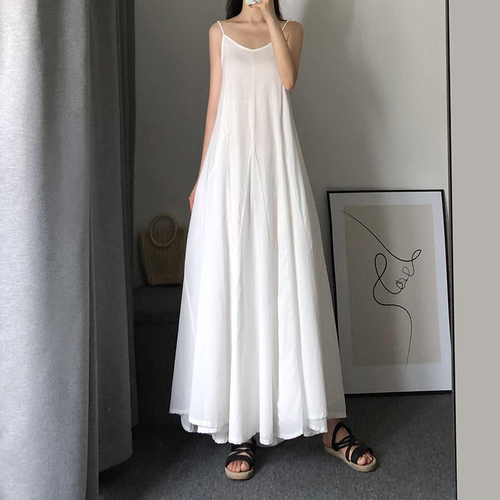 Damen langes Slipkleid Spaghettiriemen A-Linie große Schaukel lose täglich weiß schwarz - Bild 1 von 14