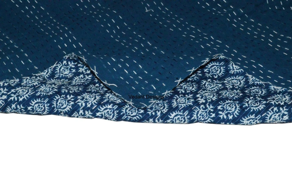 Bloco de mão estampa Shibori algodão azul índigo colcha Kantha Jaipuri Razai 90x108" - Imagem 3 de 4