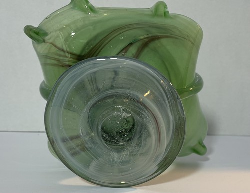 MCMHand Blown Light Green Art Glass Basket Maroon Swirls Clear Base Murano Style - Picture 6 of 7