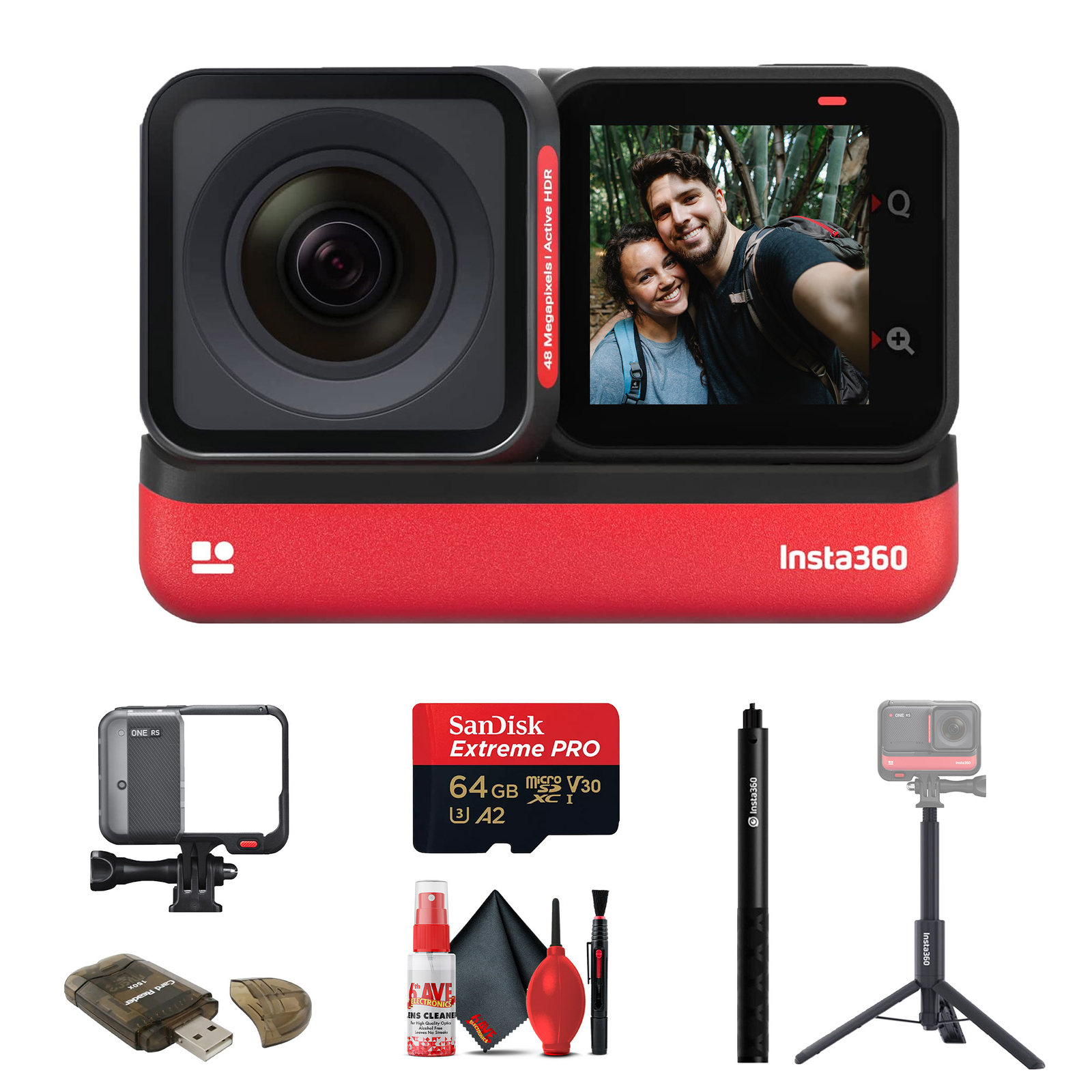 Insta360 ONE RS 4K Edition + Invisible Selfie Stick + Tripod + 64GB Card +  More
