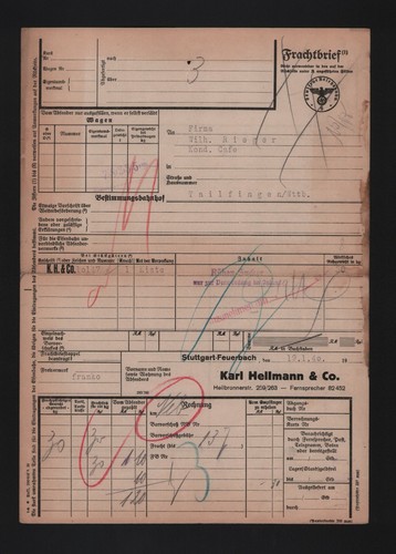 Frachtbrief 1940, Karl Hellmann & Co. STUTTGART-FEUERBACH nach TAILFINGEN