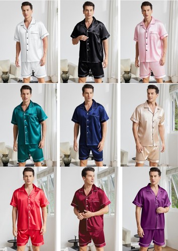 EE. UU. Para Hombres Camisa Pantalones Cortos Satén Seda Conjunto Pijama Prendas para dormir Prendas para dormir - Imagen 3 de 38