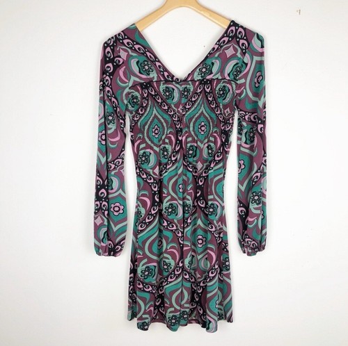 Bisou Bisou Michele Bohbot Boho Retro Print Kleid Damen Gr. Medium gesmokt - Bild 5 von 11
