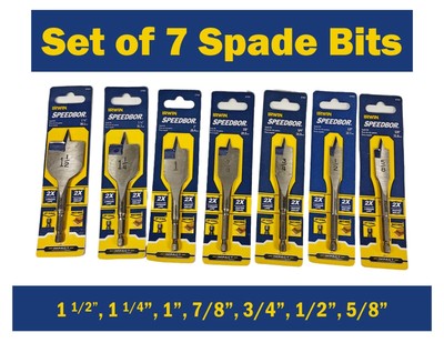 Set 7 Irwin 4'' Long 1 1/2'' to 1/2'' Spade Flat Paddle Drill Bit Speedbor
