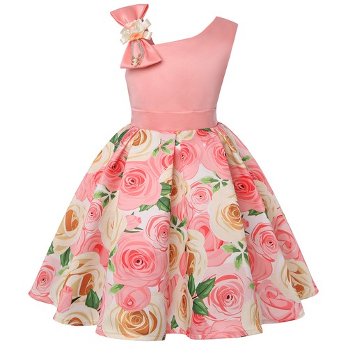 Girls Sloping Shoulder Beautiful Rose Print Bow Party Show Festival Show Dress - Picture 11 of 21