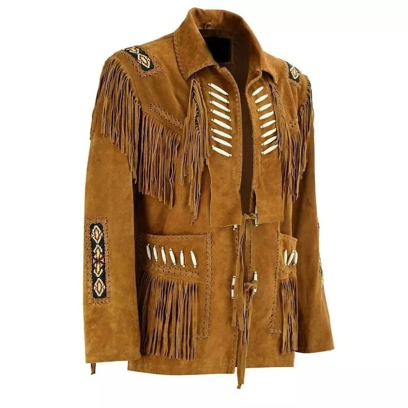 Hombres Nativo Americano Occidental Vaquero Gamuza Cuero Chaqueta Flecos Huesos Abrigo con Cuentas Foto 2 de 4