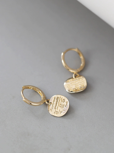14ct Solid Gold Cryptic Round Huggie Hoops Earrings - 14K, Retro, Coin, engraved - Picture 6 of 7