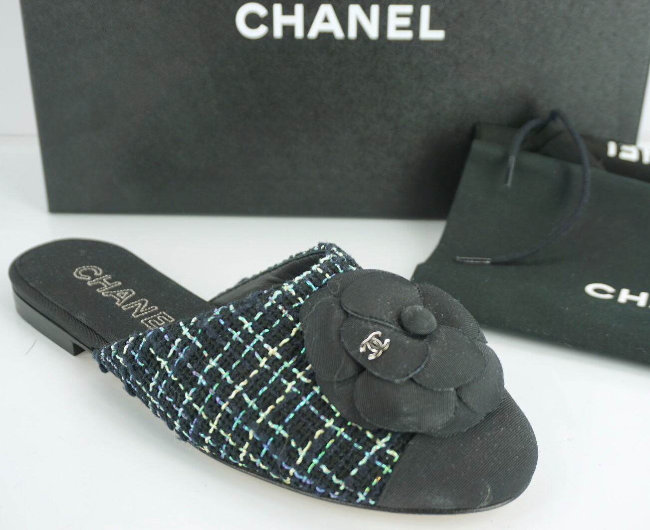chanel tweed mules