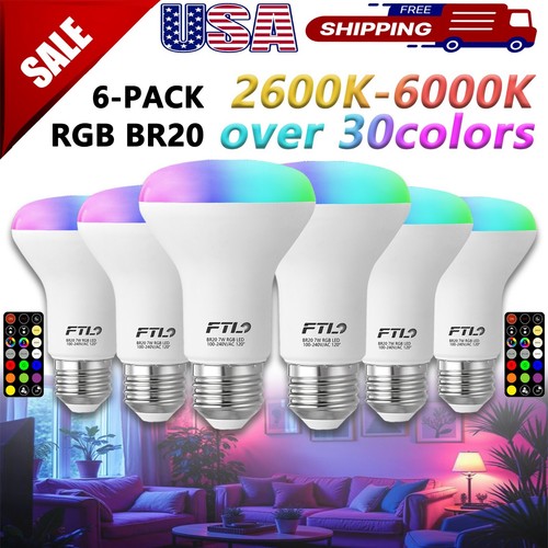 FTL 6-Pack BR20 LED Light Bulbs Color Changing R20 Dimmable Flood Light Bulbs 7w - Picture 1 of 7