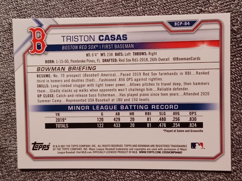 Bowman 2021 cromo mojo refractor Triston Casas #BCP-84 paquete plateado - Imagen 3 de 3