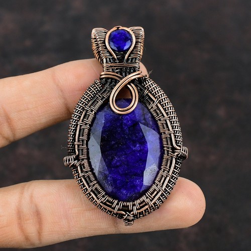 Womens day Deal Blue Saphir Gemstone New Wire Wrapped Handcrafted Pendant Copper - Picture 3 of 6