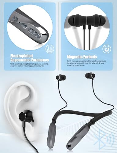 Neckband Bluetooth Headphones, 120H Long Playtime Wireless Stereo Silver - Picture 3 of 7
