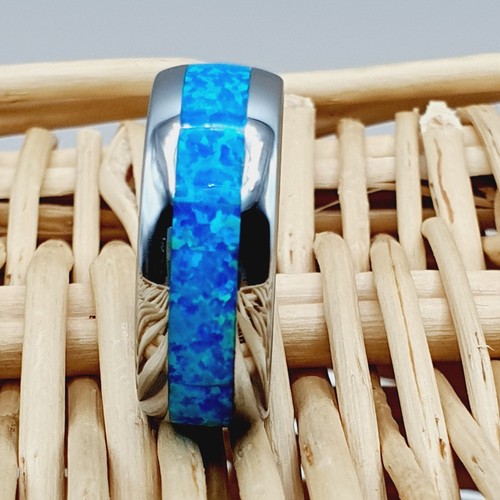Tungsten Wedding Ring with Opal Inlay Unique Wedding Ring Opal Mens Womens Ring - Picture 5 of 8