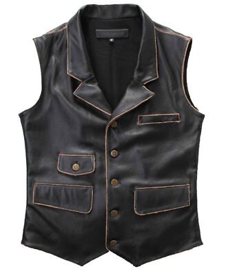 トップス Used Leather Vest Men's Real Leather Distressed Black Vintage Fashion Waxed