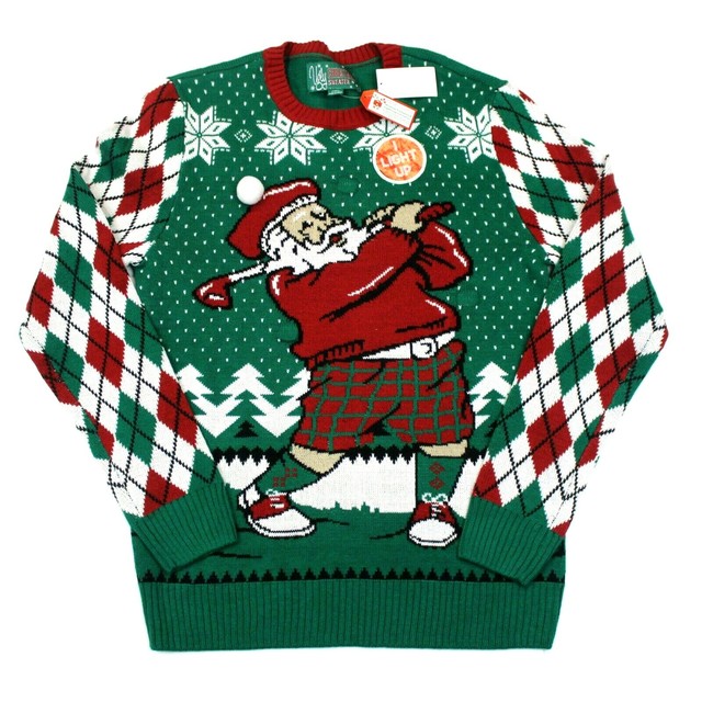 Golfing Santa Claus Men's Argyle Ugly Christmas Sweater Lights up Large for sale online eBay