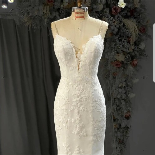 UK White/Ivory Spaghetti Sleeves Lace Mermaid Beach Wedding Dresses Size 6-18 - Picture 2 of 6