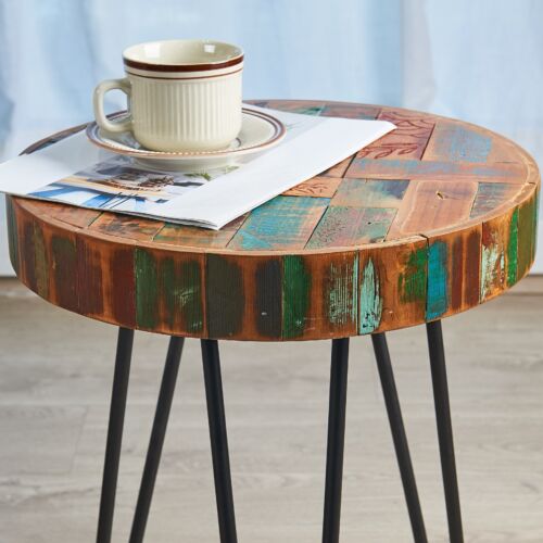 Reclaimed Wood End Table with Hand-carving, Small Round Side Tables Home Decor - Picture 3 of 10