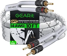 GearIT 14AWG 10FT Speaker Cable – OFC Wire w/ Gold Banana Plugs, CL2 Rated/White
