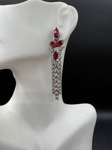 Vintage Red/Clear Rhinestone Dangle Pierced Earrings, 3” Drop - Picture 7 of 7
