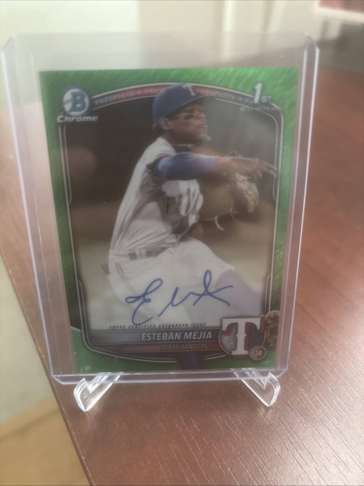 2025 Bowman Chrome Esteban Mejia 1st Green Shimmer Auto /99 Rangers #CPA-EM